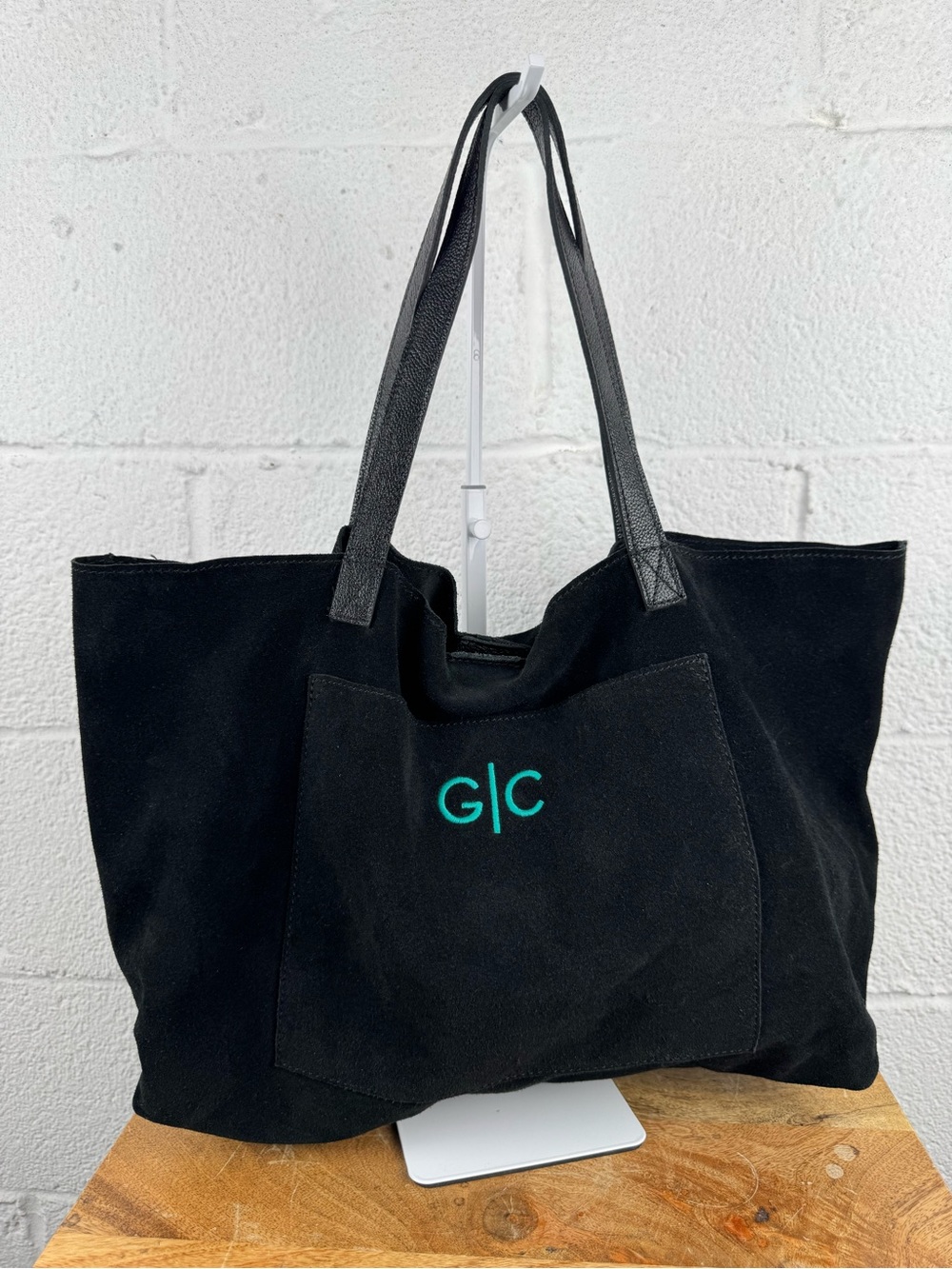Mark & Graham Black Suede Leather Oversized Tote Bag Monogrammed G/C